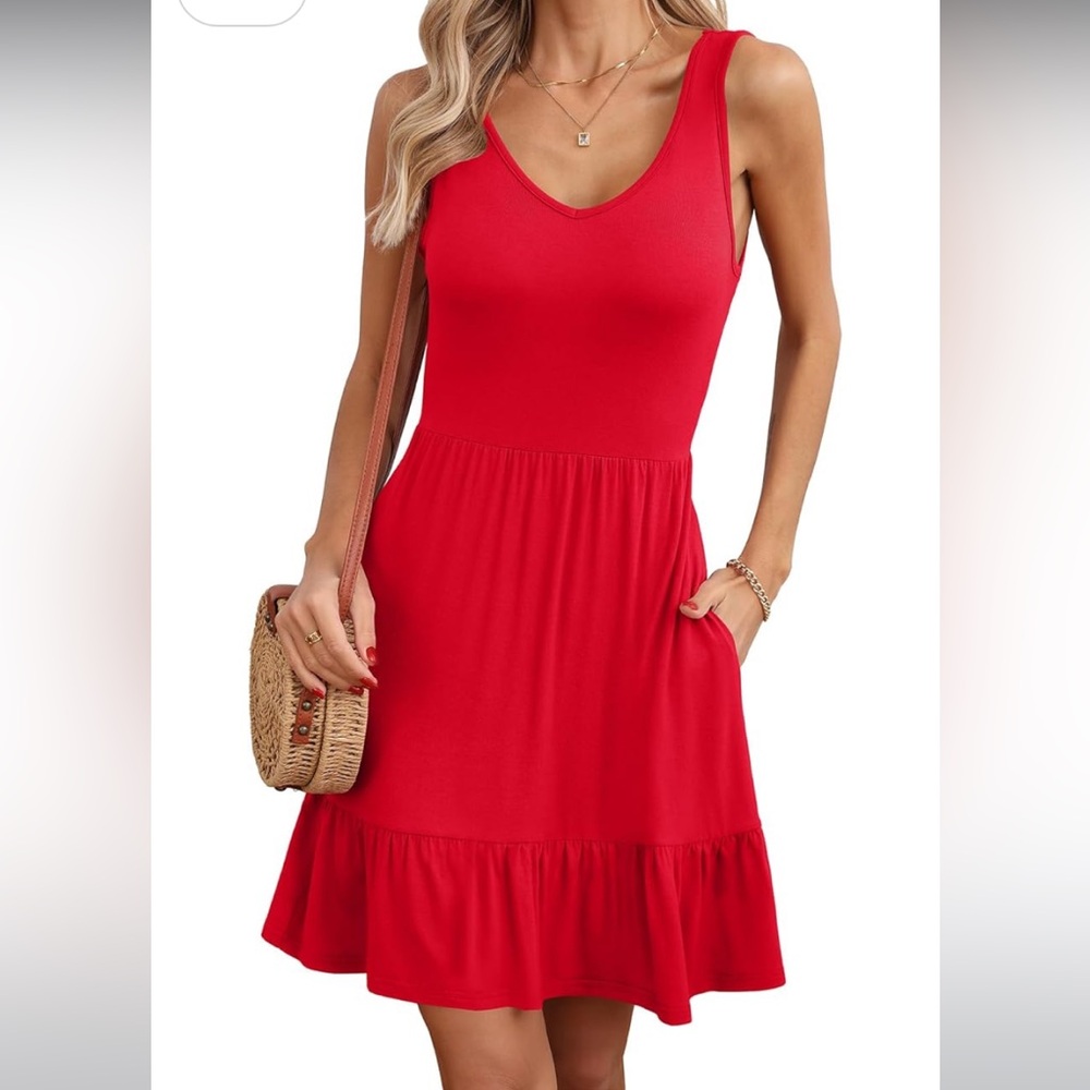 LILBETTER Women's Sleeveless Sundresses Pleated Ruffle Hem Midi Dress w/ Pockets